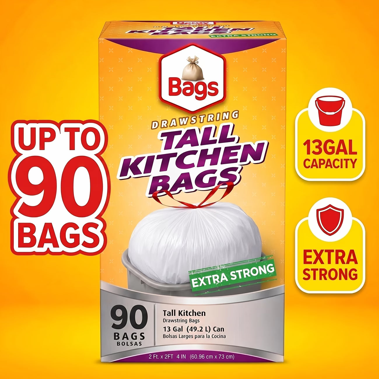 45 packs, 13-gallon, extendable, heavy-duty plastic multi-purpose disposable garbage bags