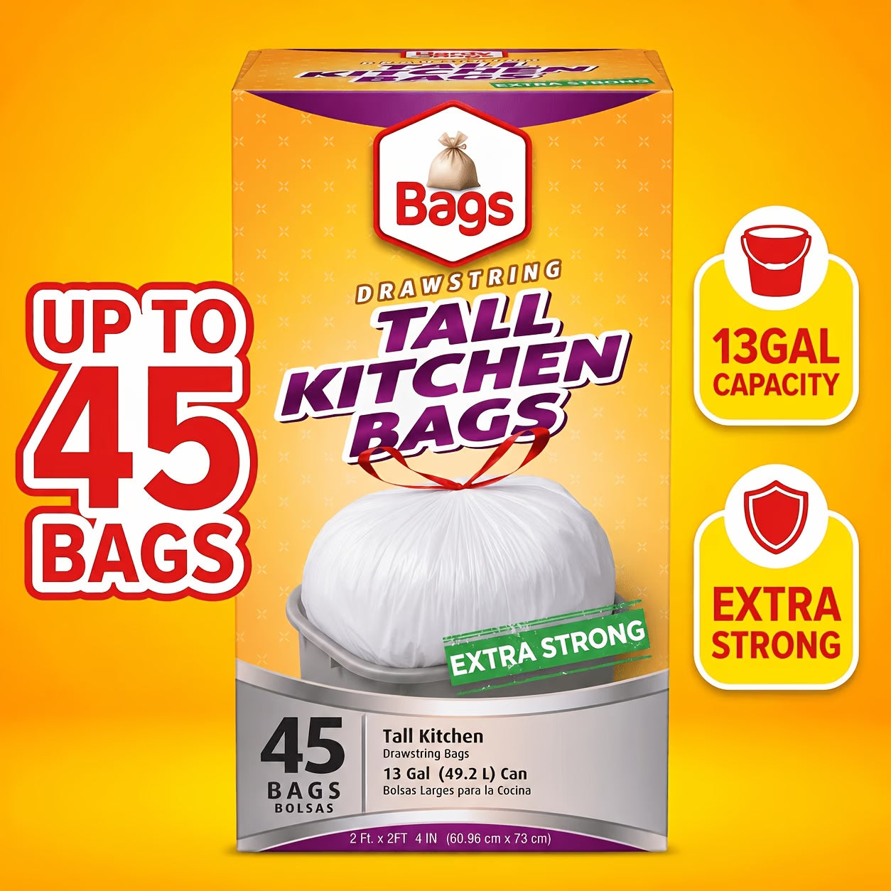 45 packs, 13-gallon, extendable, heavy-duty plastic multi-purpose disposable garbage bags